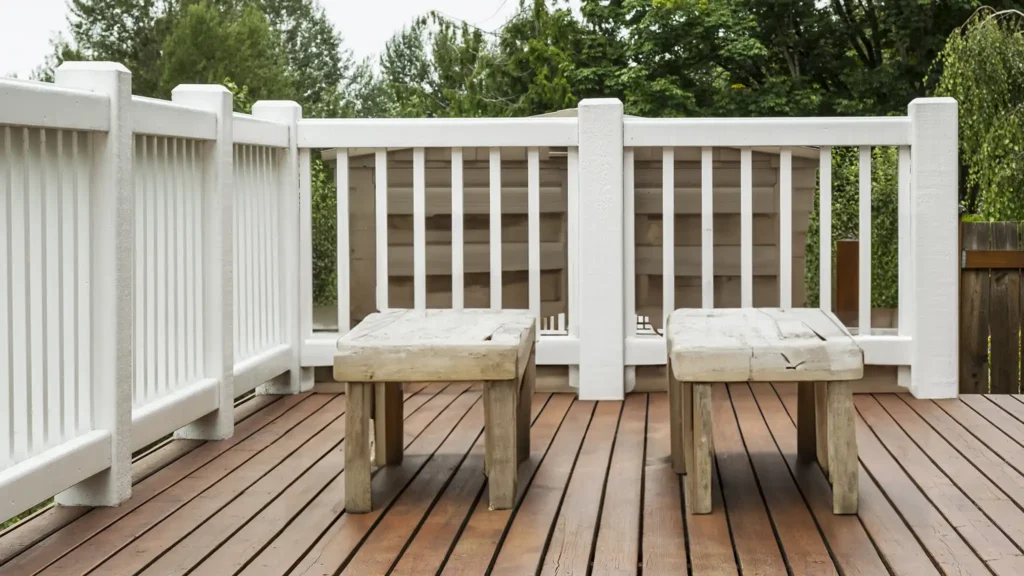 A Chowns Agricultural Services A wooden deck with benches and a white railing in Alcester.