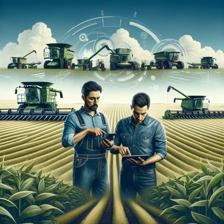 Two individuals collaborating in a modern agricultural setting with high-tech farming equipment in the background.