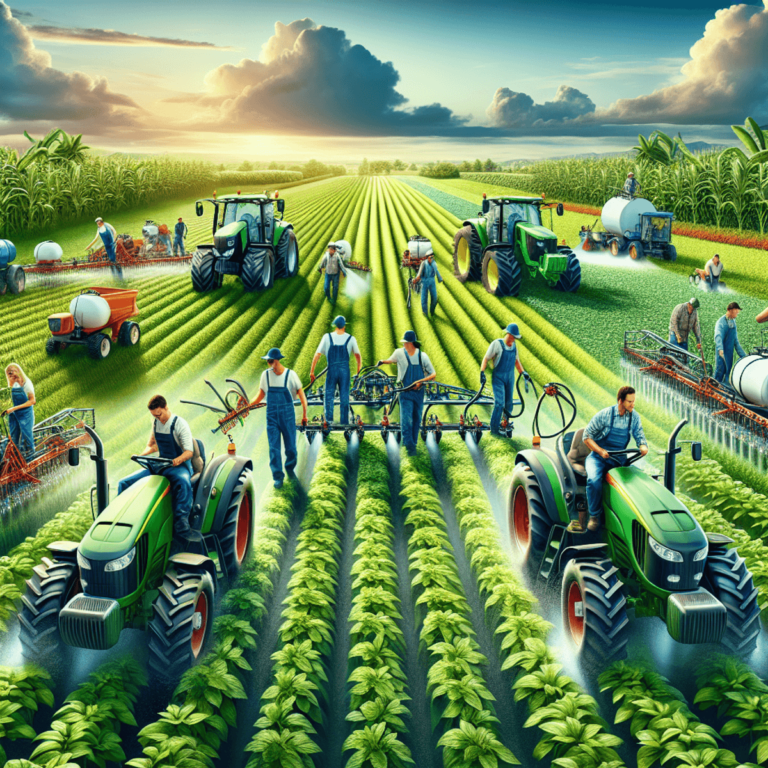 A diverse team of agricultural contractors, including Caucasian and Hispanic individuals, actively working in a vibrant green field. They are using mo