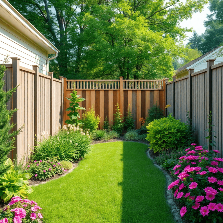 A vibrant residential backyard featuring various fence types: solid for privacy, semi-solid decorative panels, and natural plant screening, surrounded