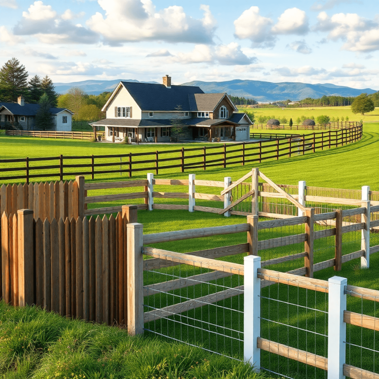 A scenic landscape featuring various fence styles, including wooden and agricultural, surrounding a home and farm, highlighting security and aesthetic