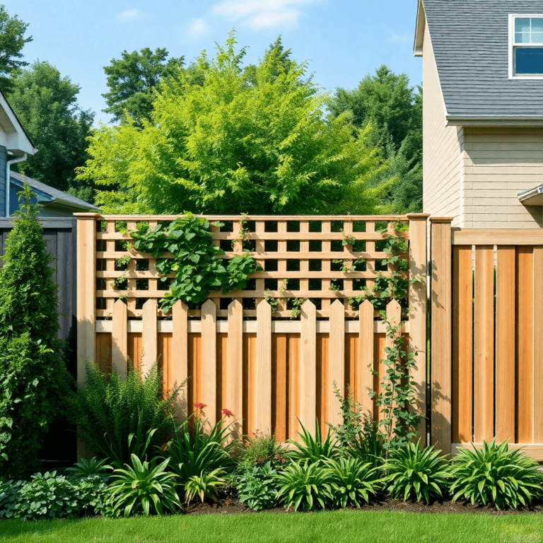 A residential garden featuring various fence types: solid privacy fencing, decorative trellis with climbing plants, and semi-solid panels, surrounded