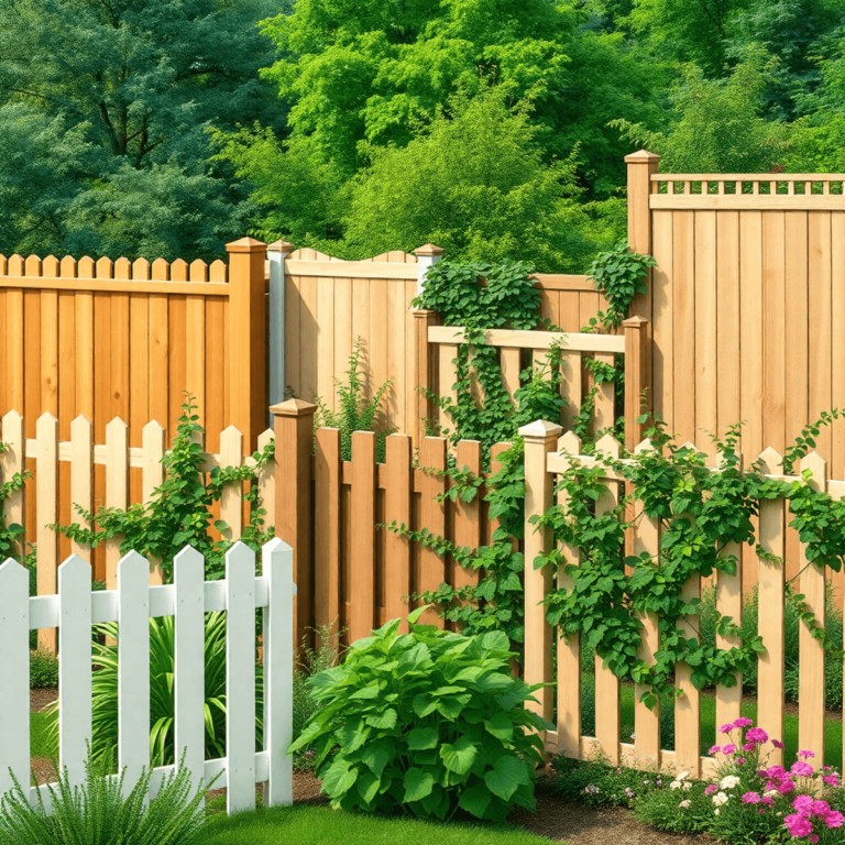 A lush garden featuring a variety of fences including featherboard, lap panel, and Venetian styles, adorned with climbing plants and surrounded by gre